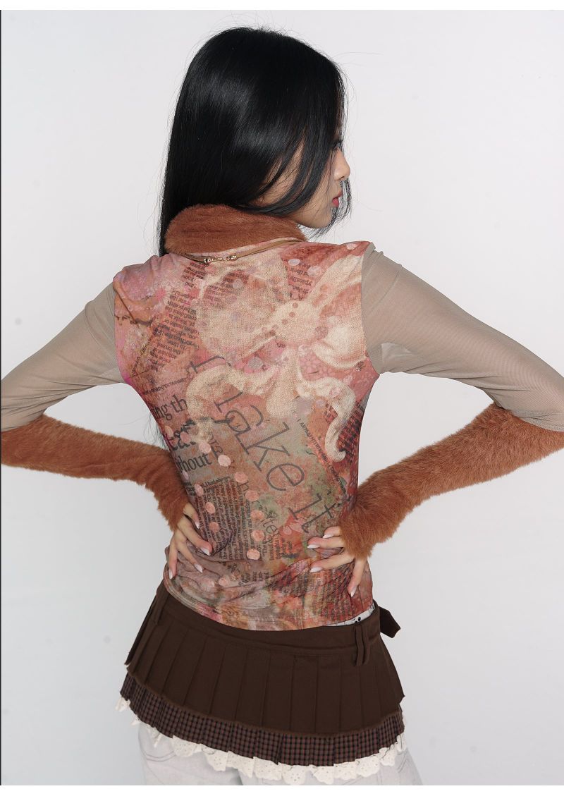 CONFUN original floral orange printed fur patchwork high-neck mesh base