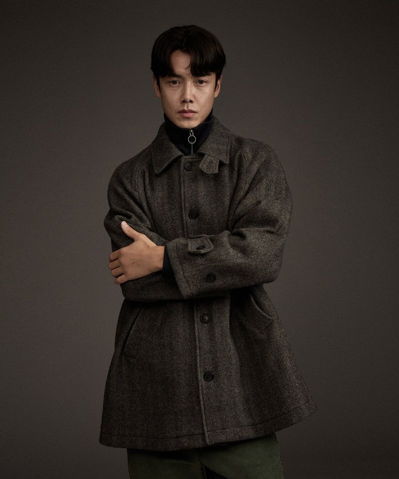BALMACAAN HERRINGBONE WOOL CASHMERE HALF COAT BLACK