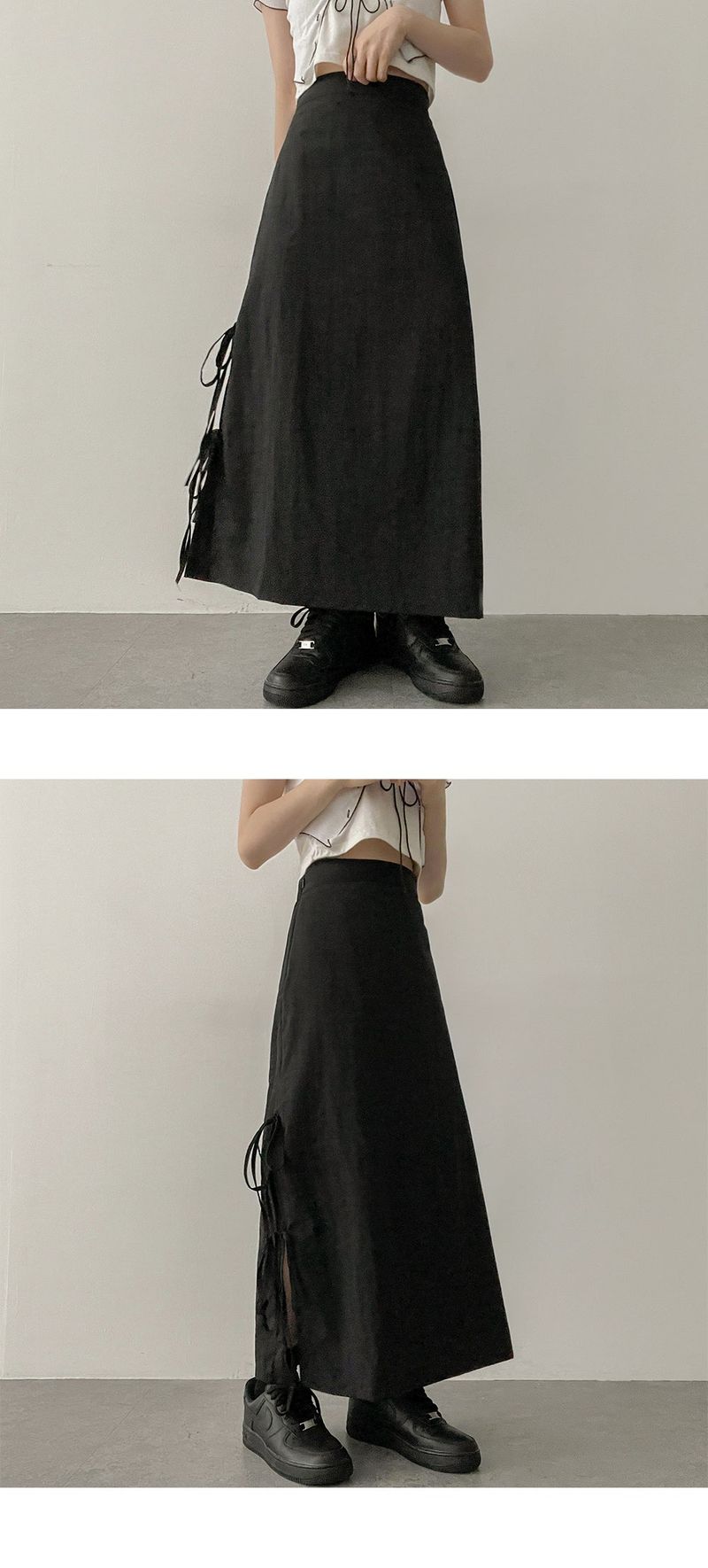 Moont Nylon Side Ribbon String Long Skirt