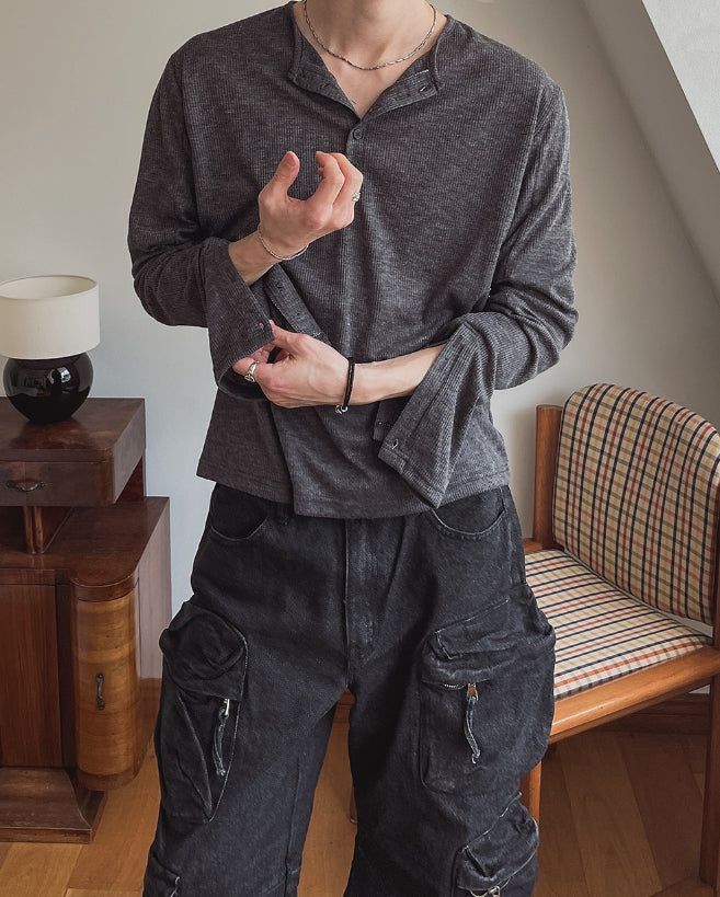 Div Ribbed Henley Neck Long Sleeve Tee 