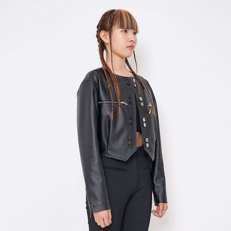 Faux-Leather Cropped Jacket _ Black