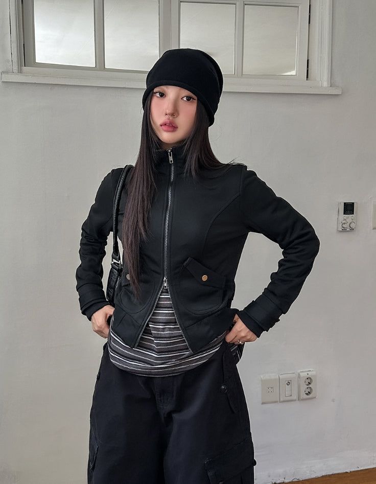 Pearly cut high neck two-way zip-up