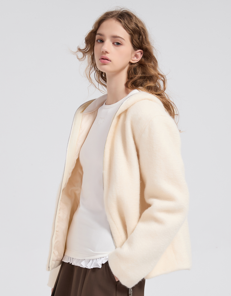 Roarin Oversized Hood Zip-Up Quilted Coat Ivory