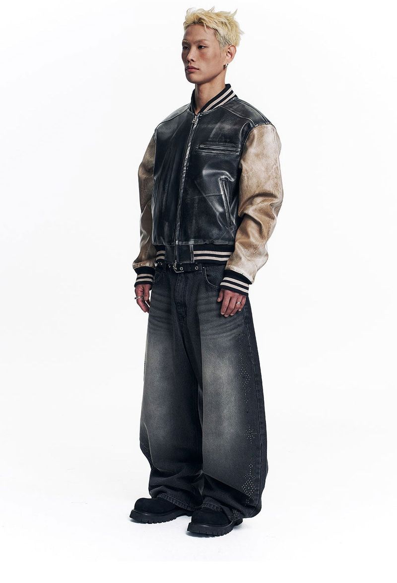 Curved Western Stud Denim Pants - Black