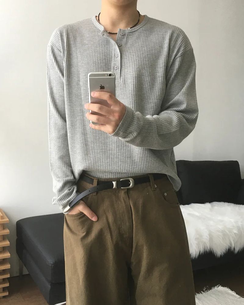 スポヘンリーネックワッフルロングスリーブ T