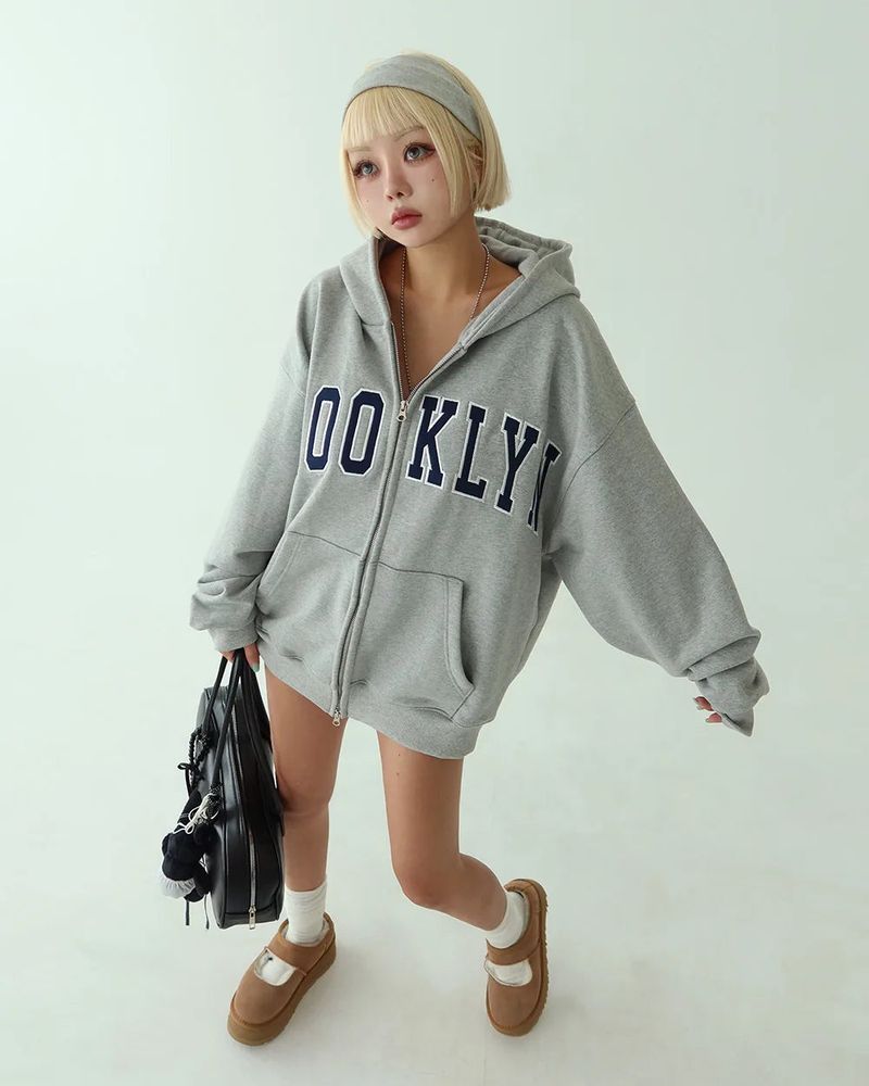 [UNISEX] Lettering Patch Two-Way Oversized Hoodie Zip-Up