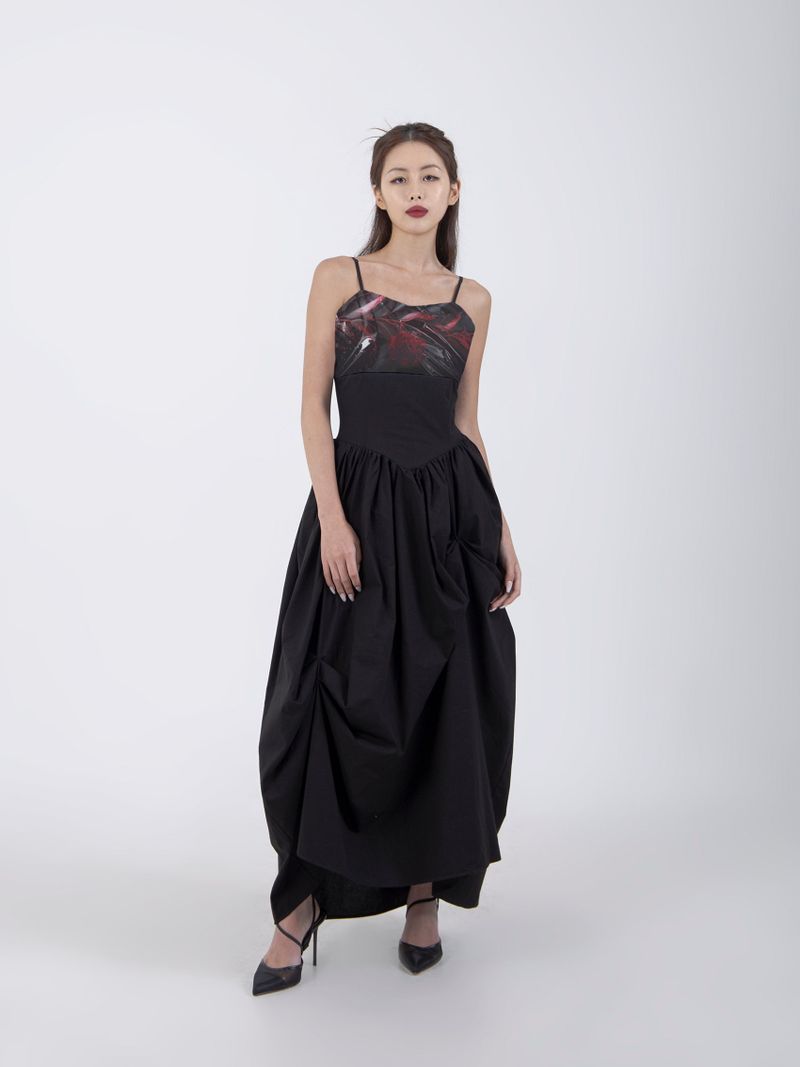 UNBALANCED SHIRRING LONG DRESS