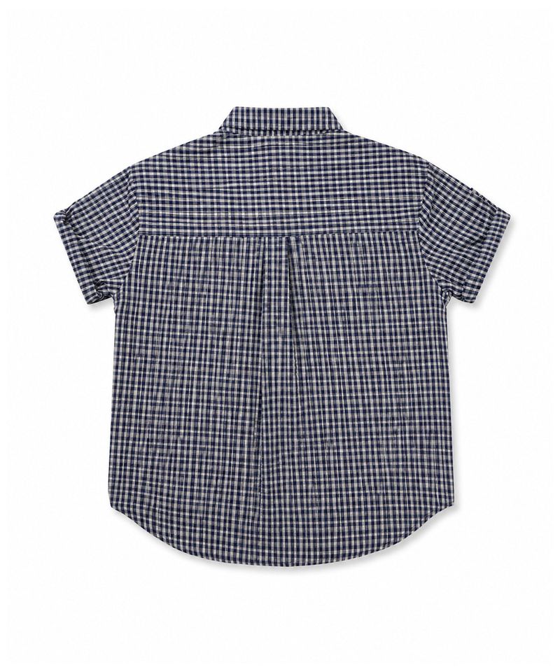 Sheer Kerr Roll-Up Checkered Cropped Short Sleeve Shirt - Navy