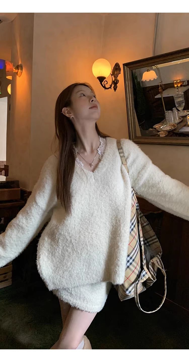 Cloud V-neck Knit Skirt Two-piece