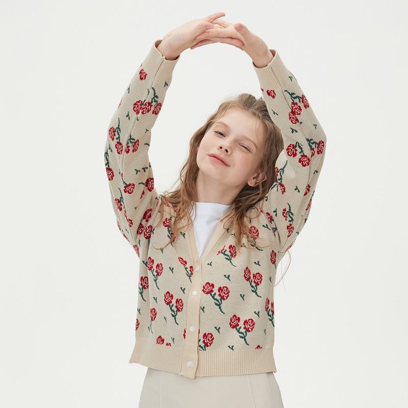 FLOWER JAQUARD KNIT CARDIGAN_BEIGE