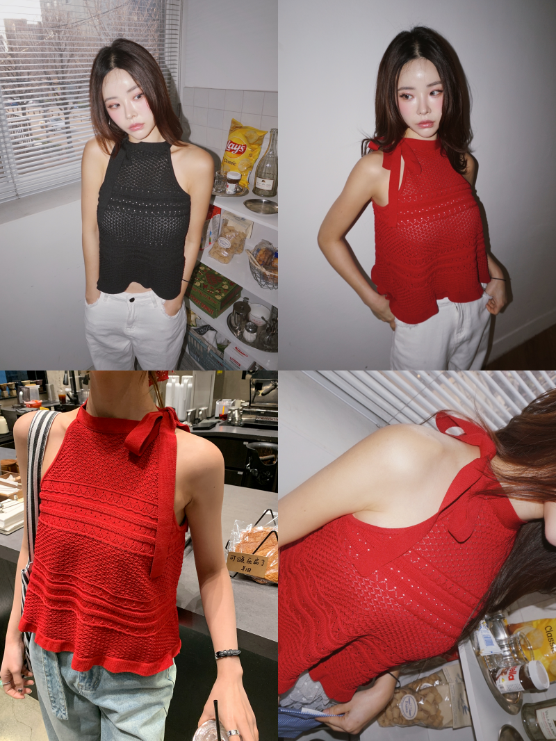 dereborujo（ドレボルゾー）の「Halter Strap Red Flared Sleeveless T-shirt（Tops）」