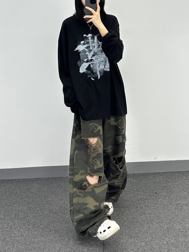 camo bio washed distressed pants
