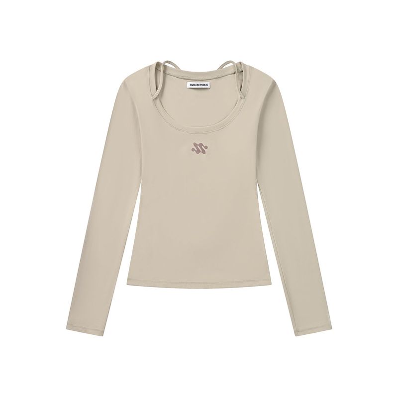 Brown Gray Slim Fit Nylon Spandex Long Sleeve Casual Top for Women, Stretchy Fitted Everyday Shirt