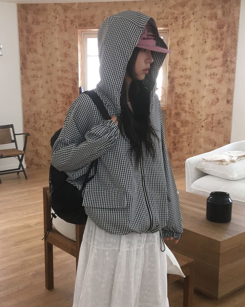 Marty Checkered Hooded Nylon Windbreaker Zip-Up Jacket