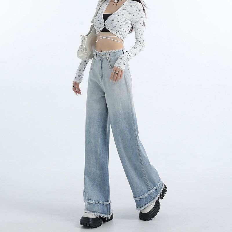 Gradient Blue Raw-Edge Wide-Leg Denim Pants