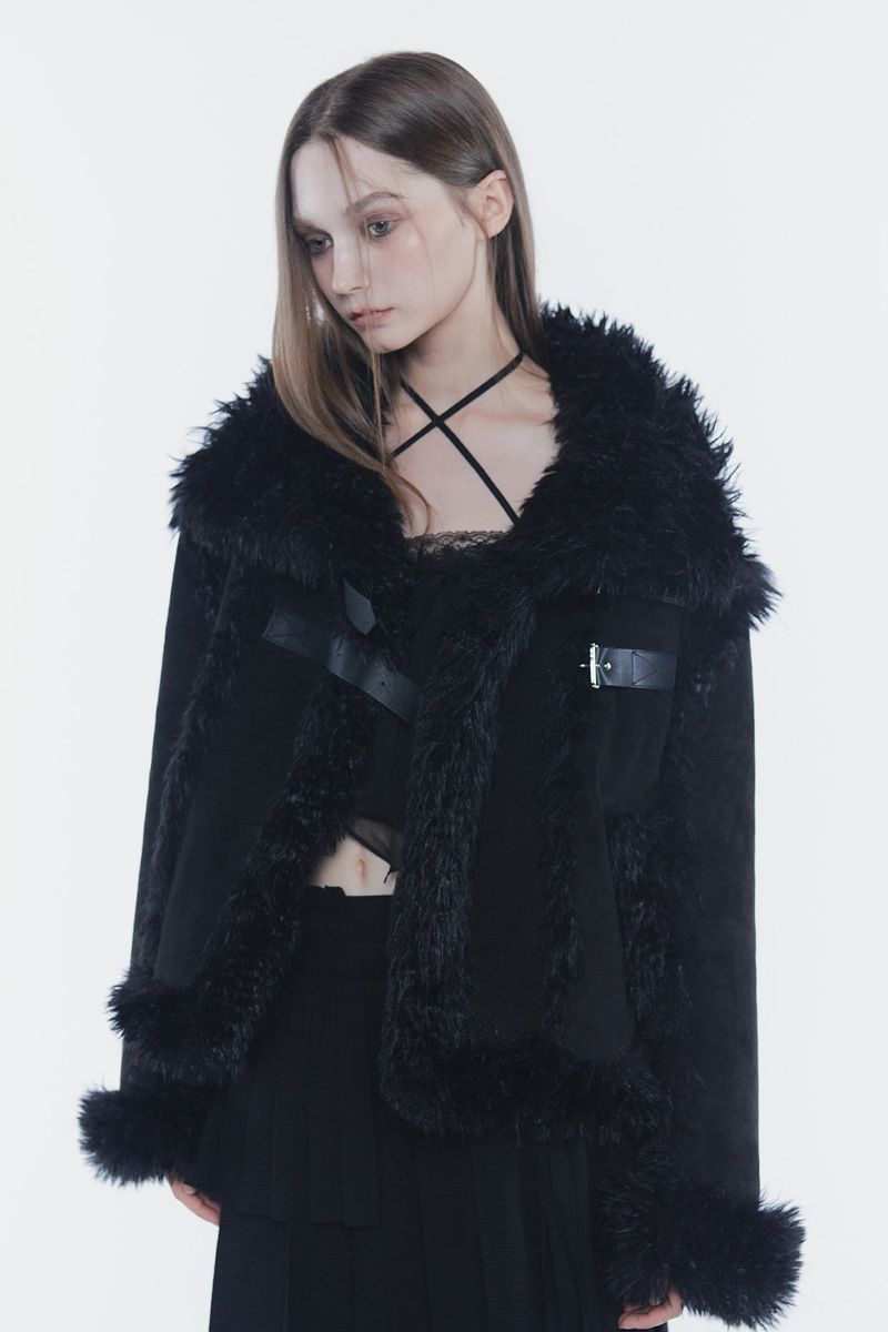 LUNA BELTED SHEARLING JACKET black