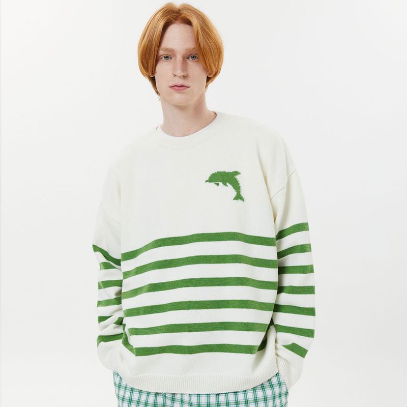 Big dolphin logo stripe crew neck knit