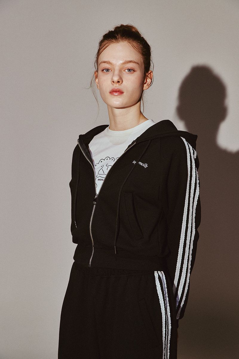 Lace Tape Hood Zip-Up Black