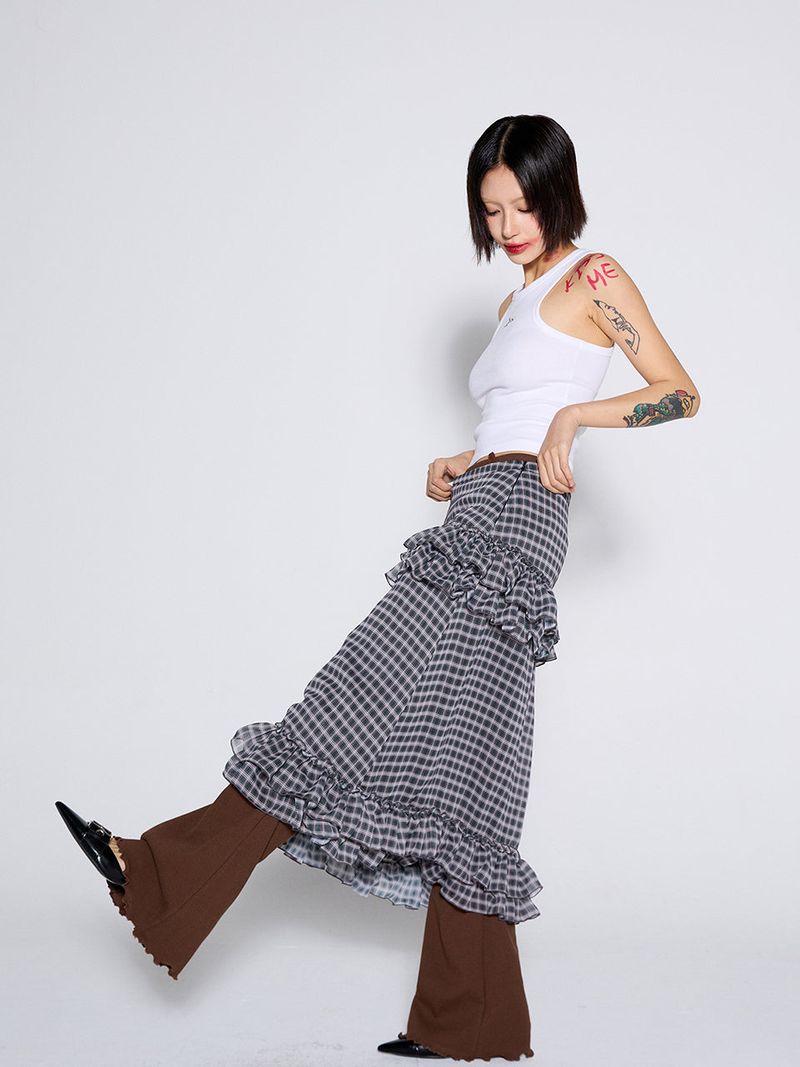 CHECK FRILL SKIRT / PURPLE