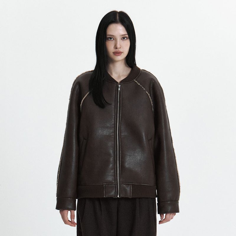 C LINE TRIM FAUX SHEARLING JACKET_BROWN