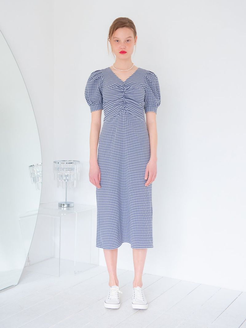 SHIRRING DETAIL MIDI ONEPIECE_NAVY