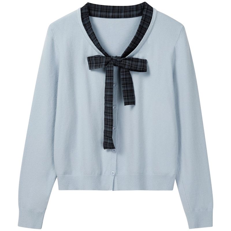 Checked Ribbon Neck Knit Cardigan