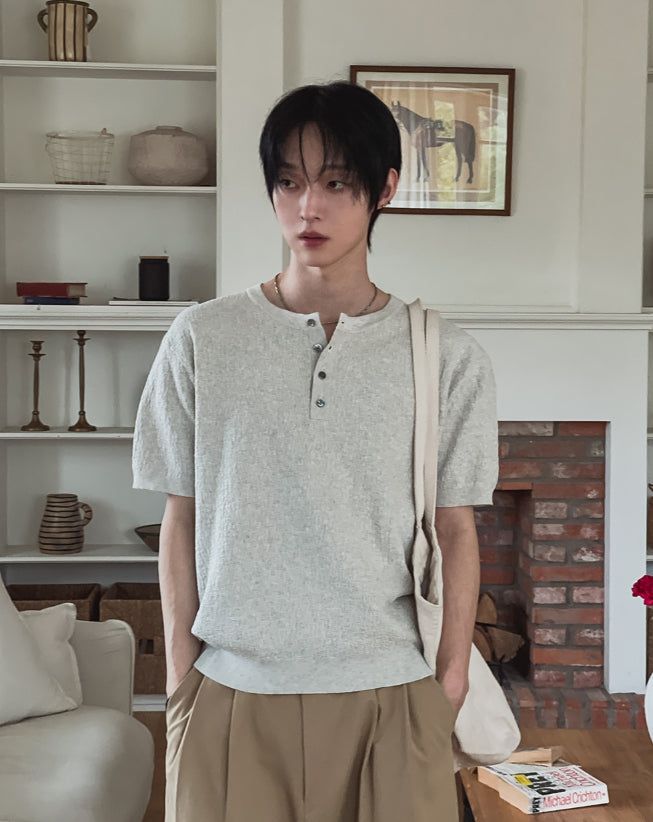 Icy Henley Neck Short Sleeve Knit