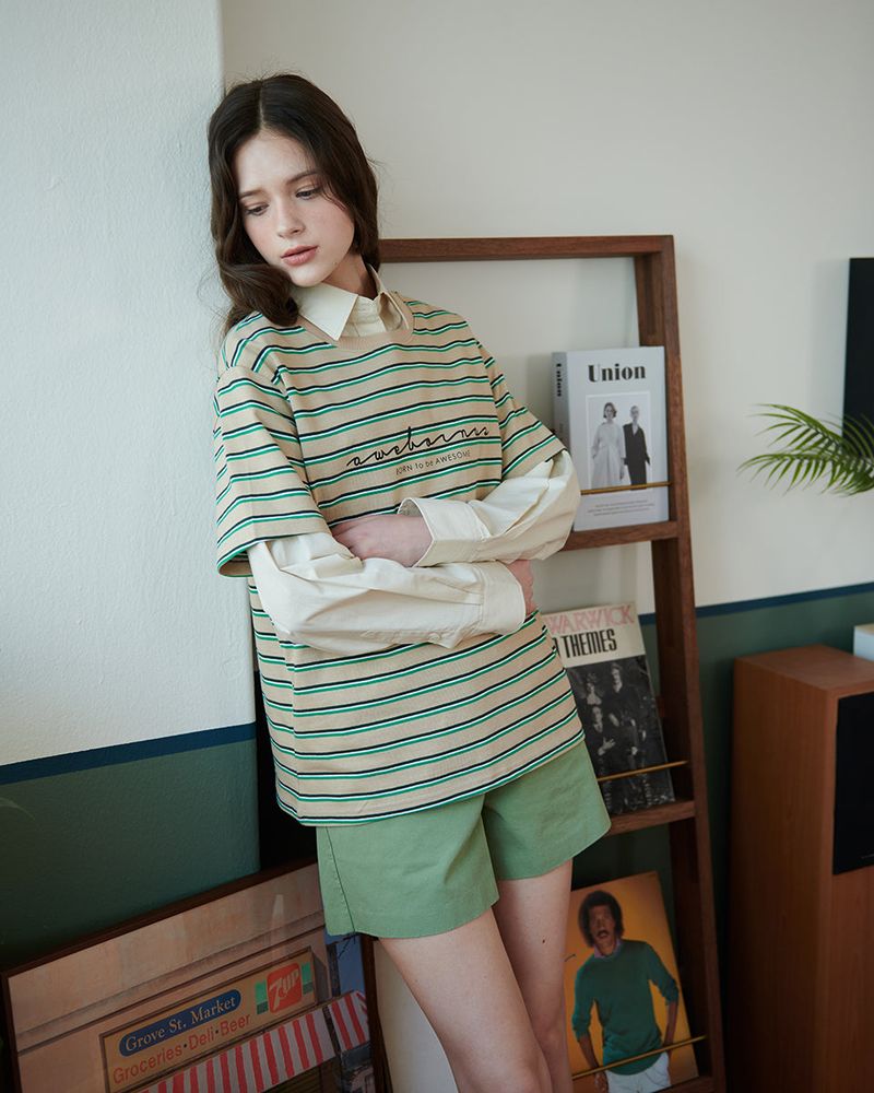 STRIPE LOGO T-SHIRT [BEIGE]