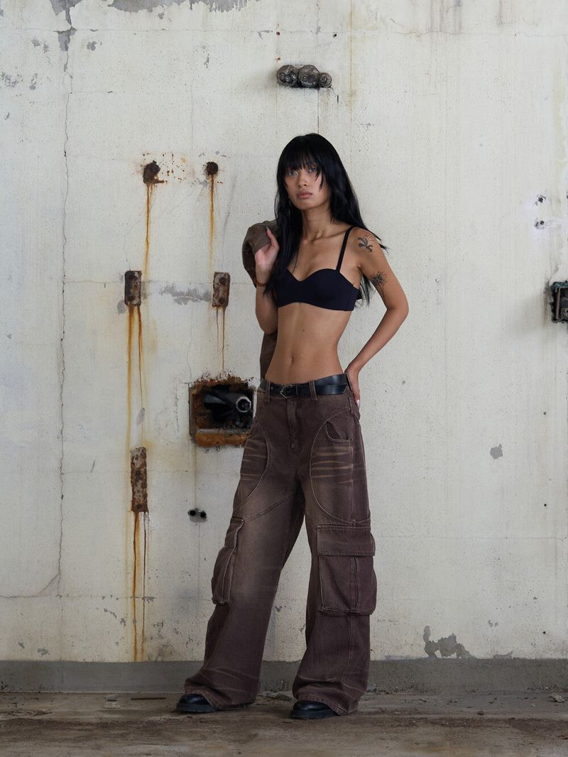 Circle Washing Denim Cargo Pants (Brown)