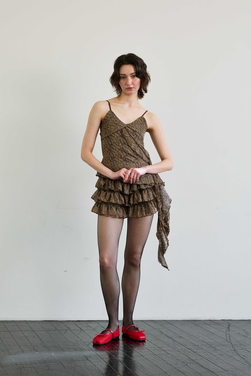 LEOPARD FRILL SLEEVELESS TOP / BROWN
