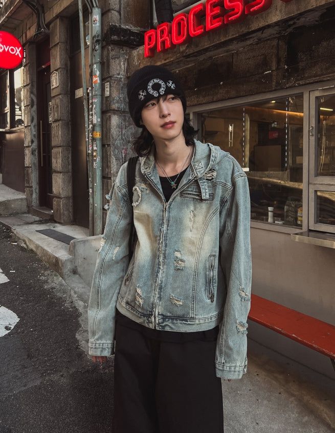 Chris damage hooded denim jacket
