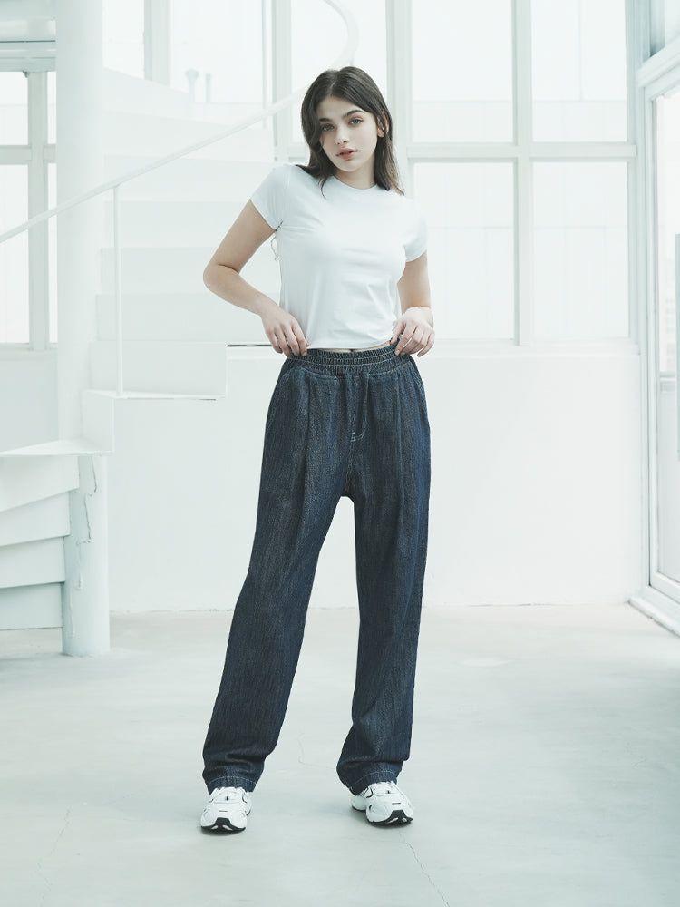 W1015 ONE TUCK LINEN BANDING PANTS_DEEP BLUE