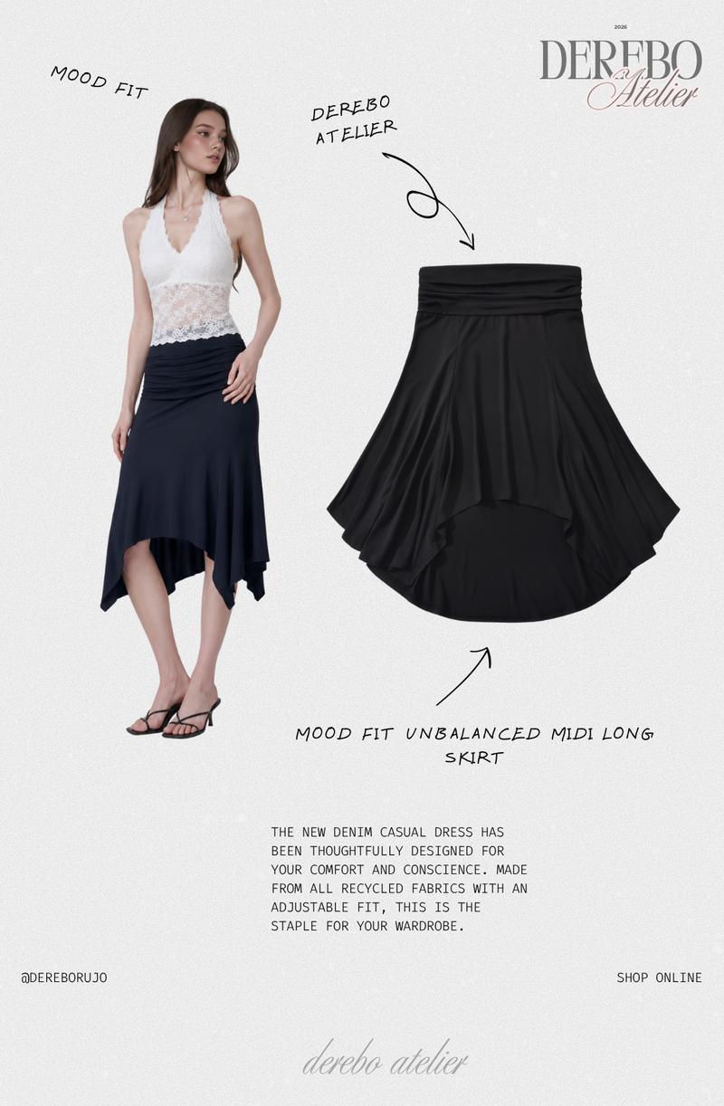 mood fit unbalanced midi long skirt