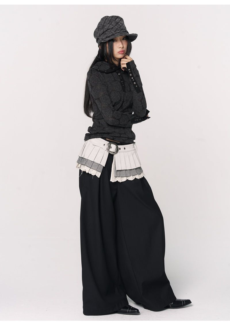 CONFUN Henry rivet patchwork lapel jacquard knitted slim top