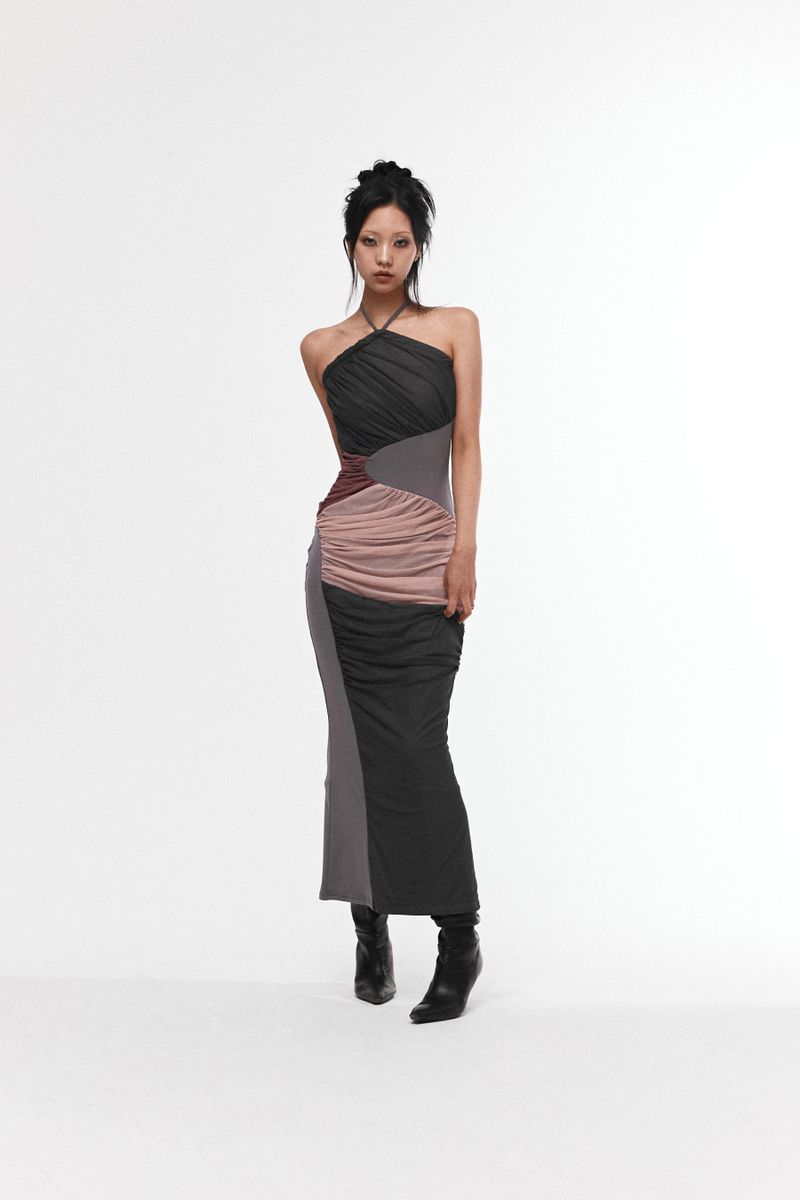 SHIRRING HALTERNECK DRESS #GRAY