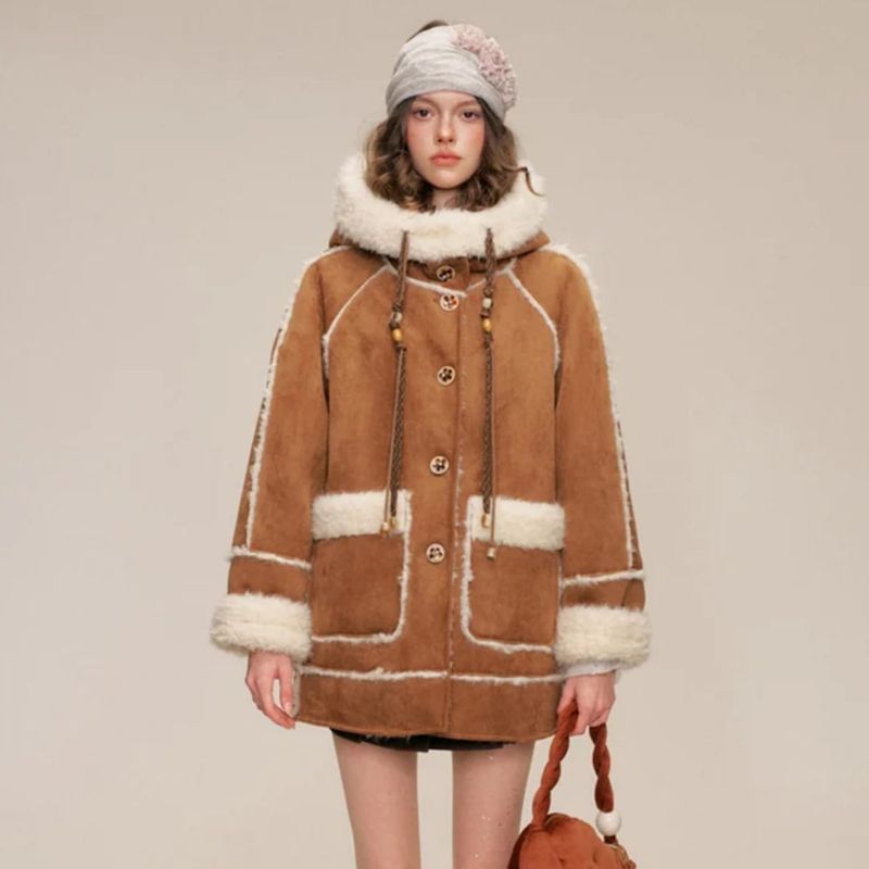Flower Button Duffle Shearling Coat