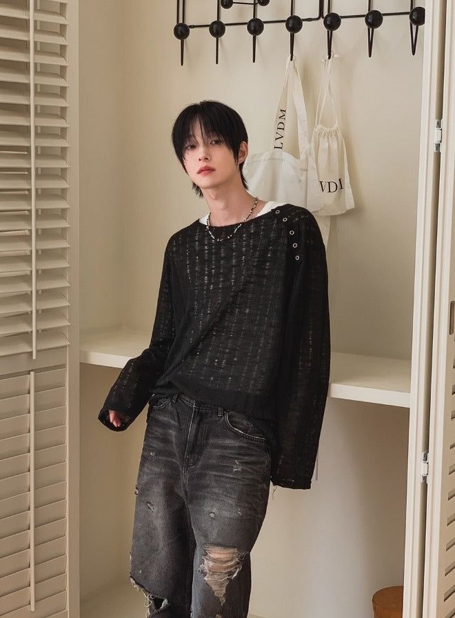 26SS★ [PLAN MADE/MADE] Slant Snap Damaged Knit