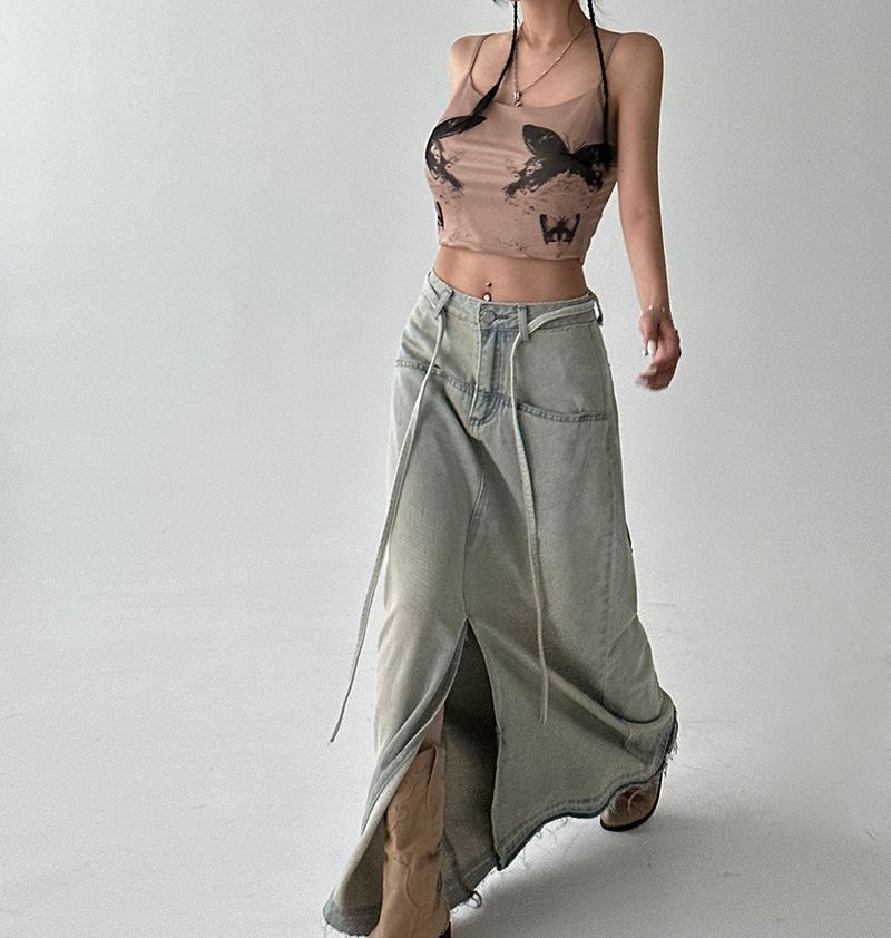Strap belt Set Denim Long Skirt