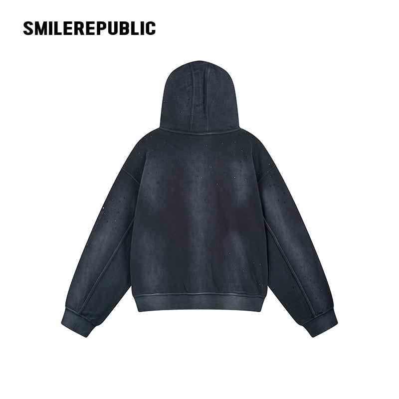 Distressed Cotton Rhinestone Embellished Full Zip Hoodie with Utility Sleeve Pocket, Oversized Streetwear Style