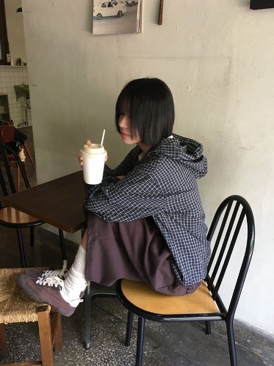 Attil check hood long sleeve shirt