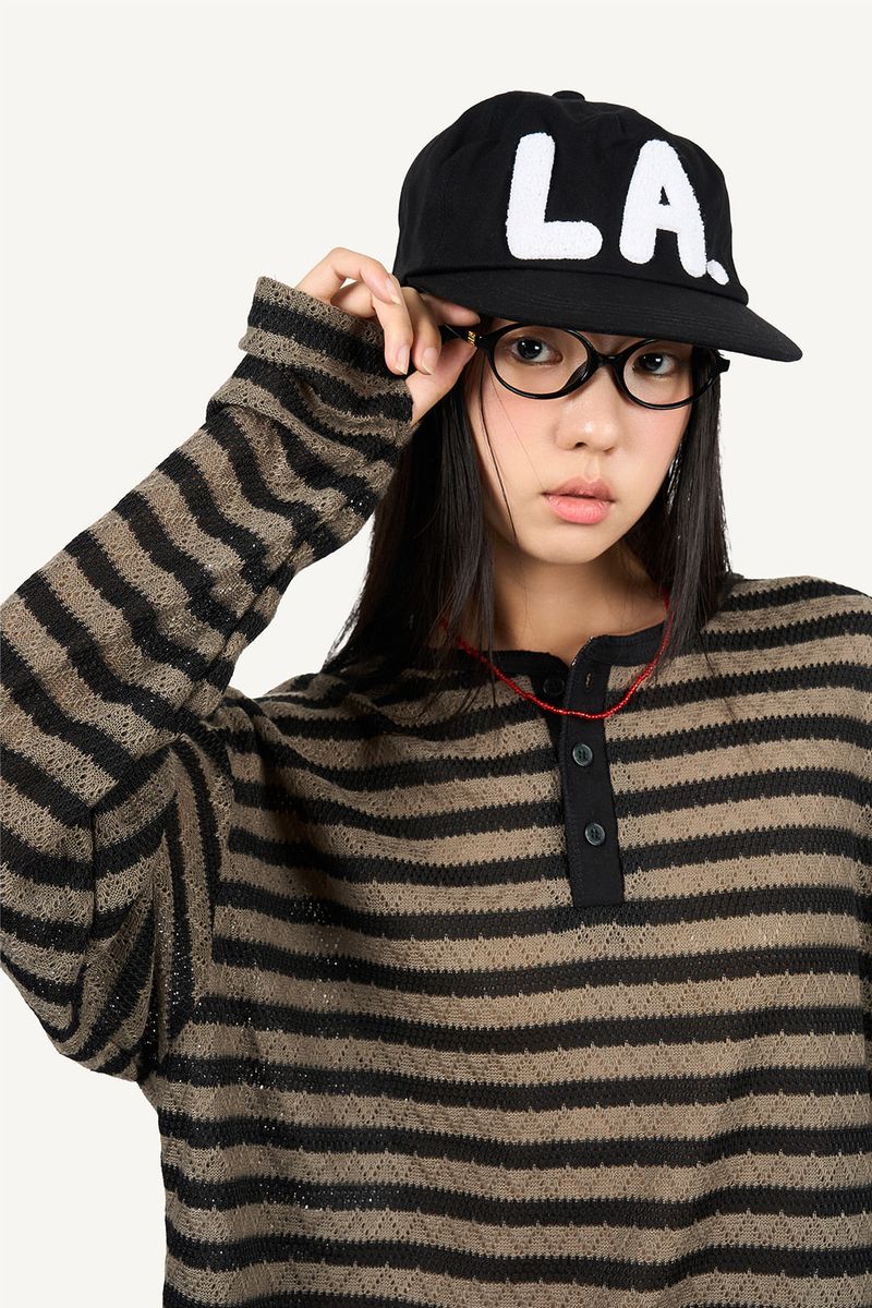 Striped Henley neck long sleeve knit