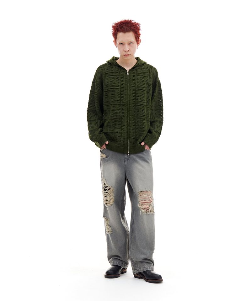 NET KNIT HOOD ZIP-UP (OLIVE)