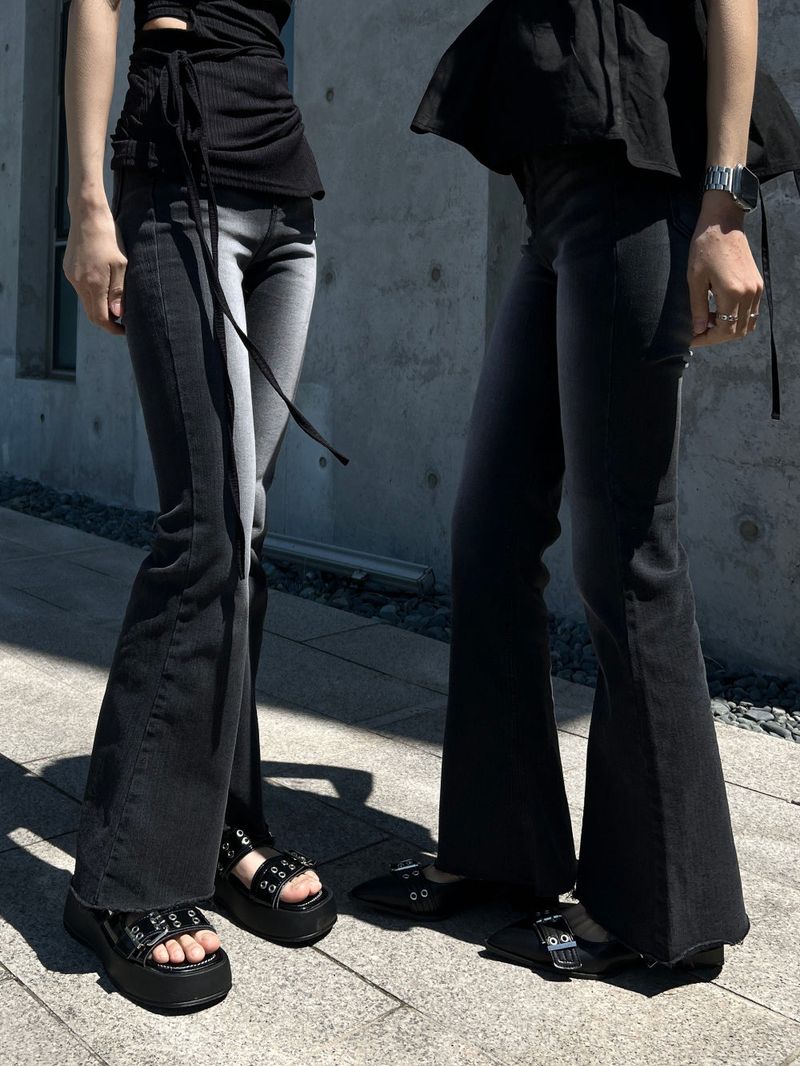 Gradient Washed High Waist Span Long Bootcut Denim Pants (Black)