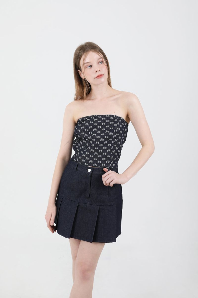 Denim Ribbon Crop Top Dark Blue