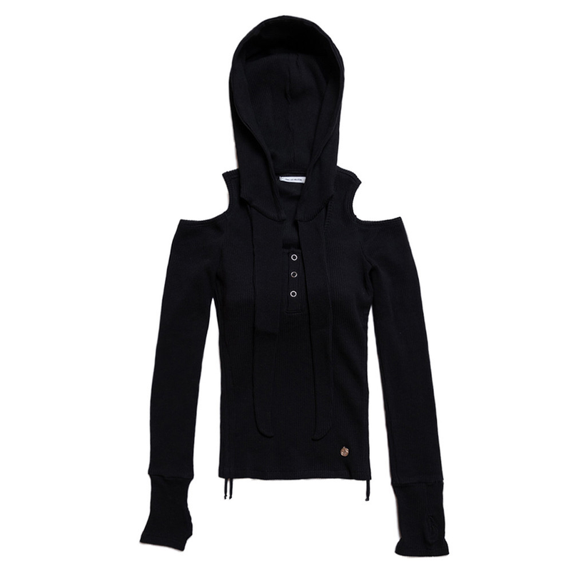 OFF SHOULDER HOODED LONG SLEEVE BLACK