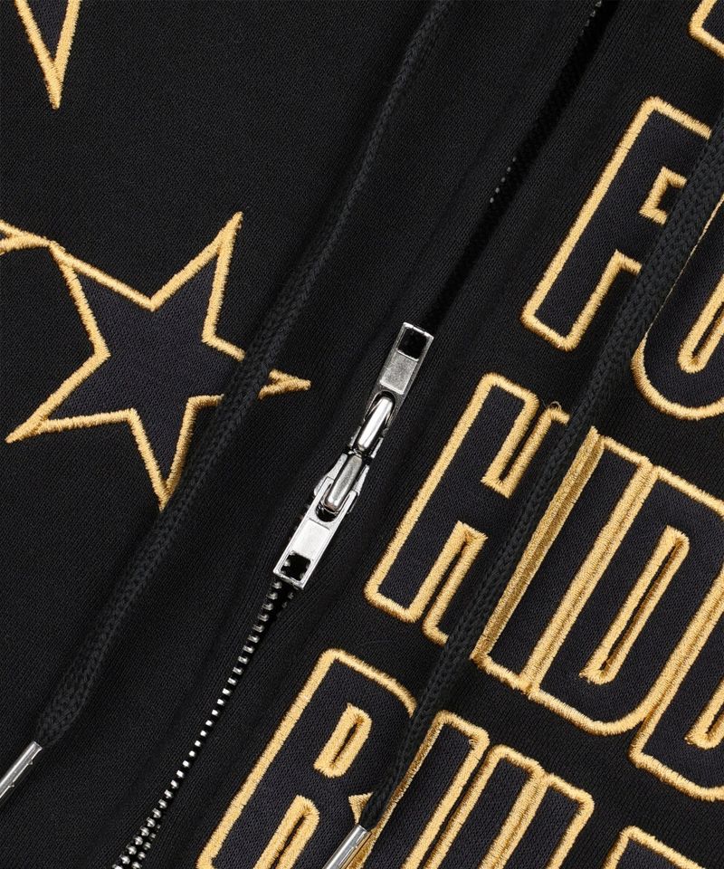Star Lettering Patch Hoodie Zip-Up - Black