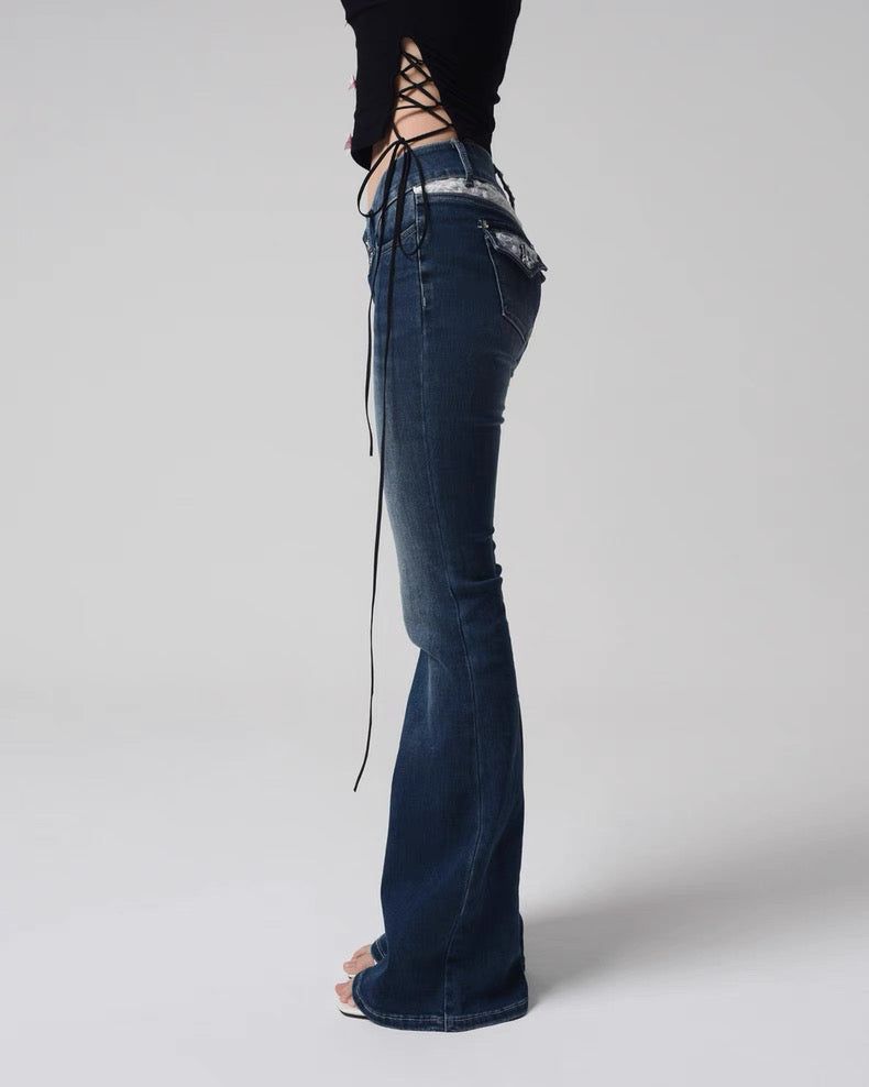 EatmePlz y2k Elastic Lace Low-Waisted Tight Dark Horn Jeans