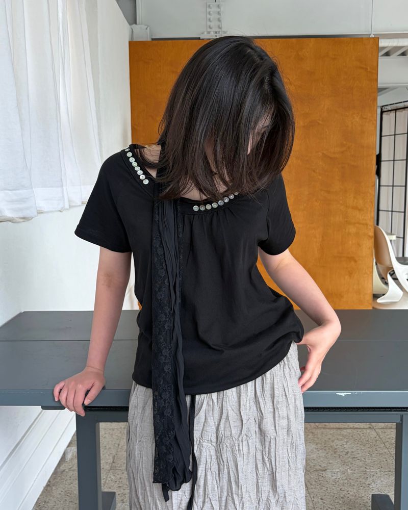 シェル ボタン オープンネック Tシャツ (3colors)
