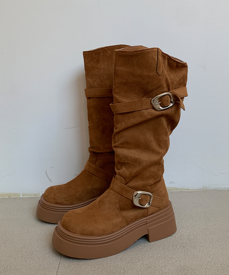 line suede buckle slouch long bootS