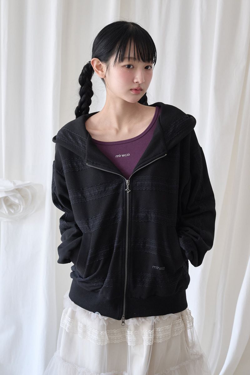 LACED TWOFOLD HOOD ZIP-UP BLACK